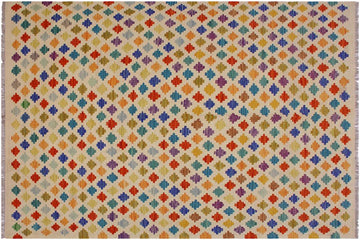 Flat Weave Kilim, Antique, Navaho, Vintage, Handmade, Modern Kilim Beige Blue Hand-Woven Rectangle 100% Wool Area Rug 5 x 8